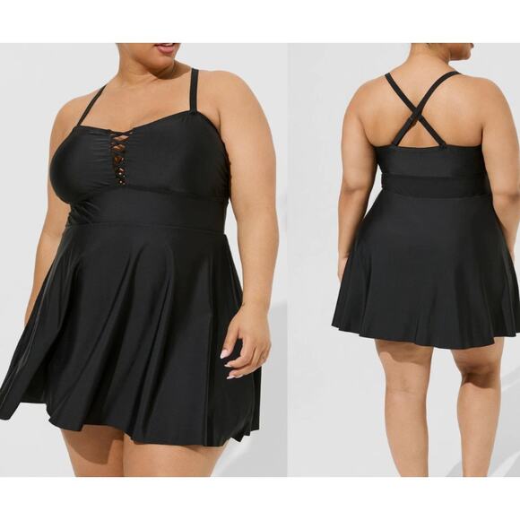 Torrid Wireless Lattice Front Swim Dress Womens 2 US 18 / 20 Black Skater Plus - Picture 1 of 14